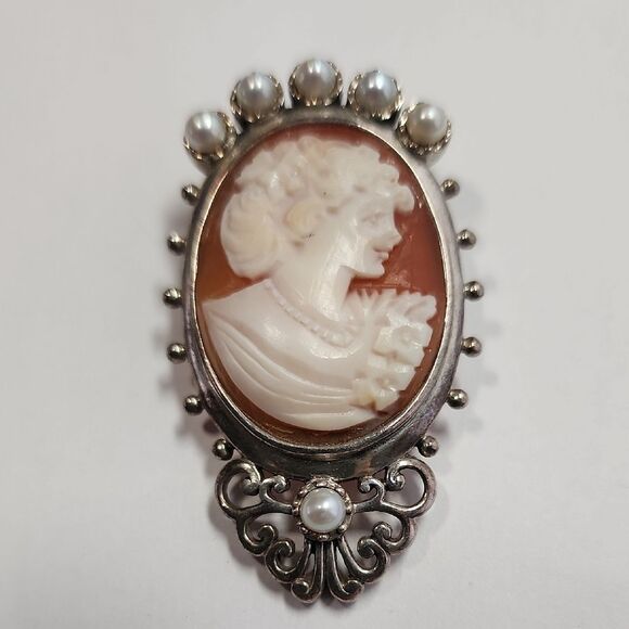 Carved Shell Sterling Silver 925 SLSR Cameo Brooch Pendant - Picture 1 of 7